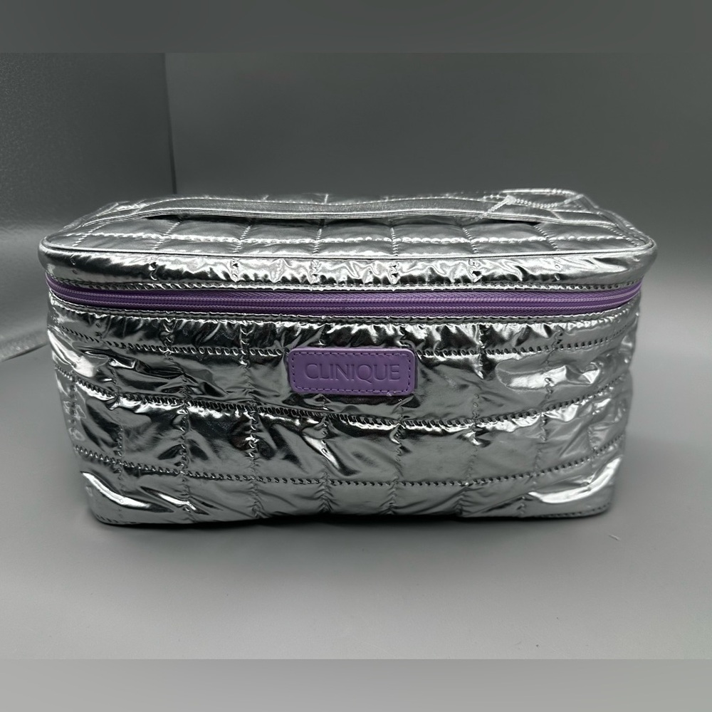 Clinique silver metallic quilted large cosmetics bag or train case